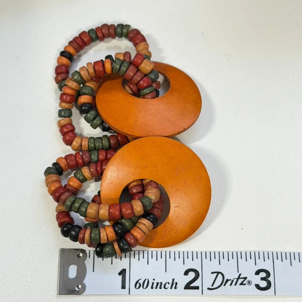 Vintage Philippines Orange Wood Beaded Boho Statement Pierced Earrings